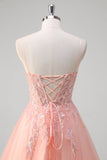 Sparkly Peach A-Line Corset Floral Tulle Long Formal Dress with Beaded