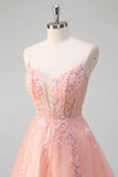 Sparkly Peach A-Line Corset Floral Tulle Long Formal Dress with Beaded