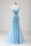 Blue Mermaid Spaghetti Straps Appliqued Long Formal Dress with Slit