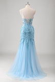 Blue Mermaid Spaghetti Straps Appliqued Long Formal Dress with Slit