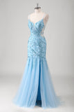 Blue Mermaid Spaghetti Straps Appliqued Long Formal Dress with Slit