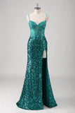 Peacock Green Mermaid Spaghetti Straps Long Formal Dress With Sequins