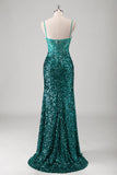 Peacock Green Mermaid Spaghetti Straps Long Formal Dress With Sequins