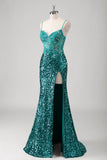 Peacock Green Mermaid Spaghetti Straps Long Formal Dress With Sequins