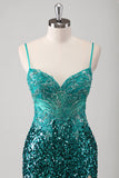 Peacock Green Mermaid Spaghetti Straps Long Formal Dress With Sequins