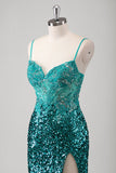 Peacock Green Mermaid Spaghetti Straps Long Formal Dress With Sequins