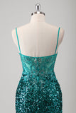 Peacock Green Mermaid Spaghetti Straps Long Formal Dress With Sequins