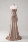 Khaki Mermaid Strapless Corset Long Formal Dress