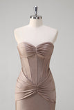 Khaki Mermaid Strapless Corset Long Formal Dress