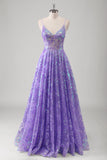 Purple A Line Spaghetti Straps Long Printed Formal Dress With Sequins