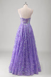 Purple A Line Spaghetti Straps Long Printed Formal Dress With Sequins