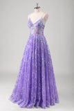 Purple A Line Spaghetti Straps Long Printed Formal Dress With Sequins