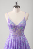 Purple A Line Spaghetti Straps Long Printed Formal Dress With Sequins