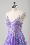 Purple A Line Spaghetti Straps Long Printed Formal Dress With Sequins