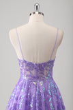 Purple A Line Spaghetti Straps Long Printed Formal Dress With Sequins