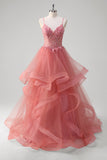 Coral A Line Spaghetti Straps Corset Tiered Long Formal Dress with Appliques