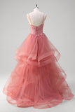 Coral A Line Spaghetti Straps Corset Tiered Long Formal Dress with Appliques