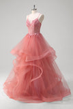 Coral A Line Spaghetti Straps Corset Tiered Long Formal Dress with Appliques