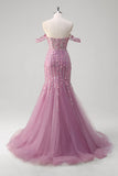 Grey Purple Mermaid Off The Shoulder Appliqued Corset Long Formal Dress With Tulle