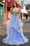 Sparkly Light Blue A Line Spaghetti Straps Spiral Ruffles Long Formal Dress with Sequins