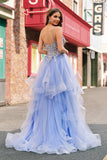 Sparkly Light Blue A Line Spaghetti Straps Spiral Ruffles Long Formal Dress with Sequins