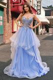 Sparkly Light Blue A Line Spaghetti Straps Spiral Ruffles Long Formal Dress with Sequins