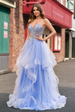 Sparkly Light Blue A Line Spaghetti Straps Spiral Ruffles Long Formal Dress with Sequins