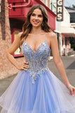 Sparkly Light Blue A Line Spaghetti Straps Spiral Ruffles Long Formal Dress with Sequins