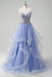 Sparkly Light Blue A Line Spaghetti Straps Spiral Ruffles Long Formal Dress with Sequins