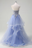 Sparkly Light Blue A Line Spaghetti Straps Spiral Ruffles Long Formal Dress with Sequins