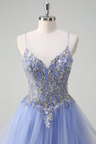 Sparkly Sequins Light Blue A Line Spaghetti Straps Long Prom Dress with Spiral Ruffles