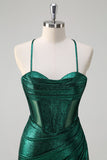 Glitter Dark Green Mermaid Corset Ruched Metallic Prom Dress with Slit