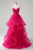 Hot Pink Appliques Corset Spaghetti Straps A Line Spiral Ruffles Formal Dress