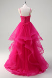 Hot Pink Appliques Corset Spaghetti Straps A Line Spiral Ruffles Formal Dress