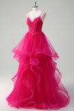 Hot Pink Appliques Corset Spaghetti Straps A Line Spiral Ruffles Formal Dress