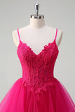 Hot Pink Appliques Corset Spaghetti Straps A Line Spiral Ruffles Formal Dress