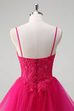 Hot Pink Appliques Corset Spaghetti Straps A Line Spiral Ruffles Formal Dress