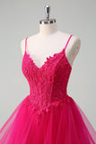 Hot Pink Appliques Corset Spaghetti Straps A Line Spiral Ruffles Formal Dress