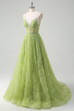 Sparkly Sequins Green Princess Spaghetti Straps Ruched Long Formal Dress