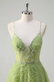 Sparkly Sequins Green Princess Spaghetti Straps Ruched Long Formal Dress