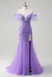 Sparkly Purple Tulle Mermaid Off the Shoulder Sequin Formal Dress with Slit