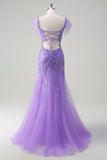 Sparkly Purple Tulle Mermaid Off the Shoulder Sequin Formal Dress with Slit