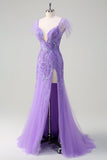 Sparkly Purple Tulle Mermaid Off the Shoulder Sequin Formal Dress with Slit