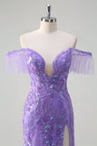 Sparkly Purple Tulle Mermaid Off the Shoulder Sequin Formal Dress with Slit