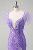 Sparkly Purple Tulle Mermaid Off the Shoulder Sequin Formal Dress with Slit