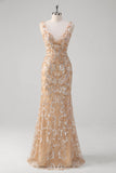 Champagne Mermaid V-Neck Sequined Long Formal Dress