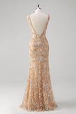 Champagne Mermaid V-Neck Sequined Long Formal Dress