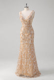 Champagne Mermaid V-Neck Sequined Long Formal Dress