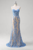 Blue Mermaid Corset Spaghetti Straps Long Formal Dress With Sequins