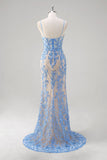 Blue Mermaid Corset Spaghetti Straps Long Formal Dress With Sequins